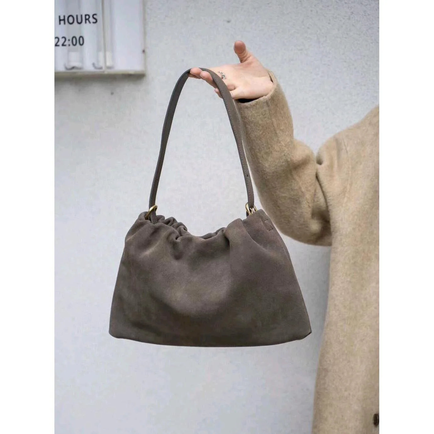 Ruched Korean Kakhi Coffee Designer Armpit Shoulder Bag 2 Straps Real Matte Suede Cow Leather Women Handbag 2025 Chamois Tote