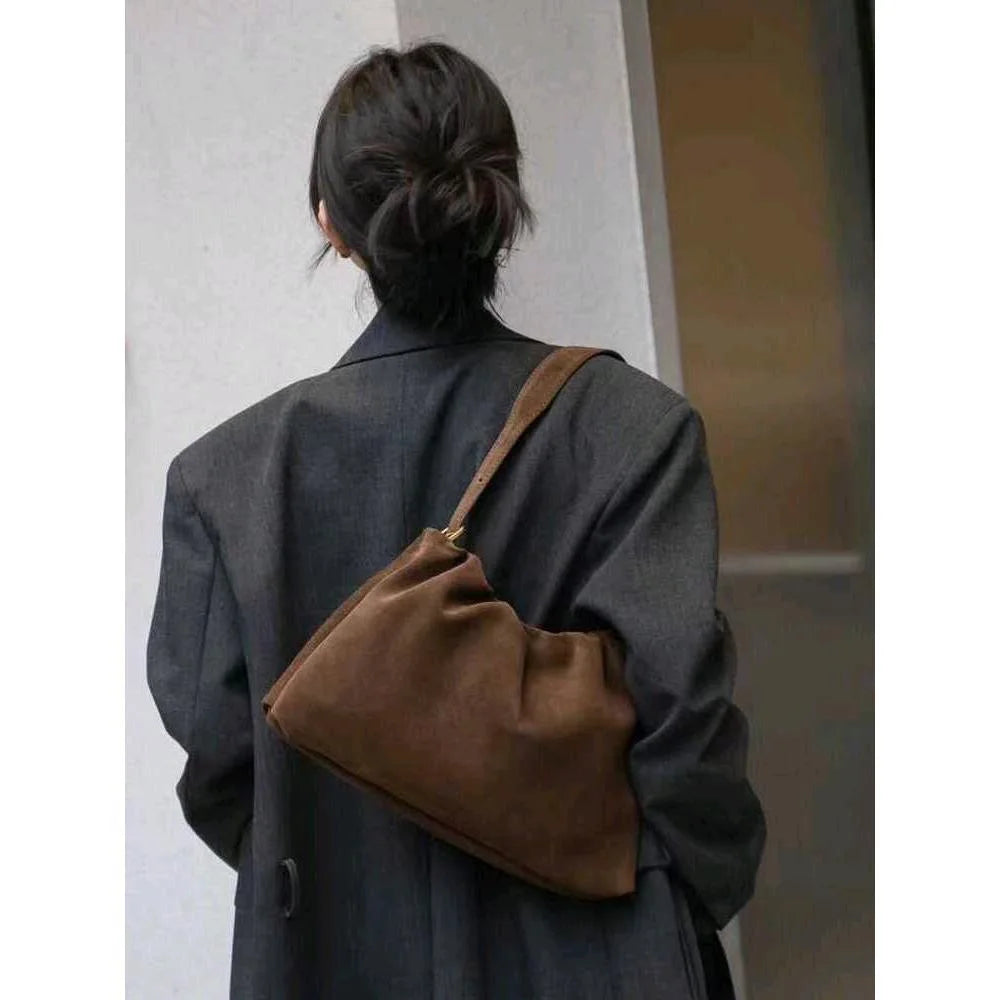 Ruched Korean Kakhi Coffee Designer Armpit Shoulder Bag 2 Straps Real Matte Suede Cow Leather Women Handbag 2025 Chamois Tote