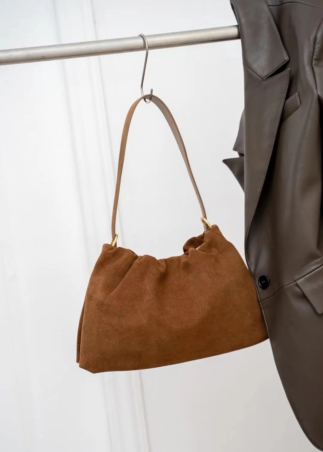 Ruched Korean Kakhi Coffee Designer Armpit Shoulder Bag 2 Straps Real Matte Suede Cow Leather Women Handbag 2025 Chamois Tote
