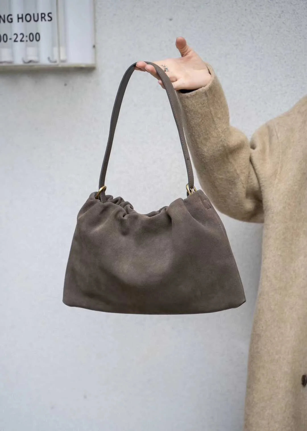 Ruched Korean Kakhi Coffee Designer Armpit Shoulder Bag 2 Straps Real Matte Suede Cow Leather Women Handbag 2025 Chamois Tote
