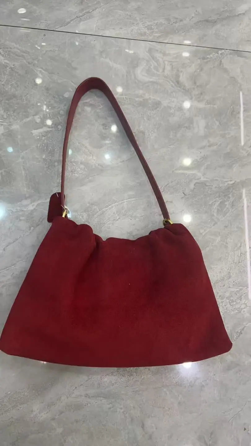 Ruched Korean Kakhi Coffee Designer Armpit Shoulder Bag 2 Straps Real Matte Suede Cow Leather Women Handbag 2025 Chamois Tote