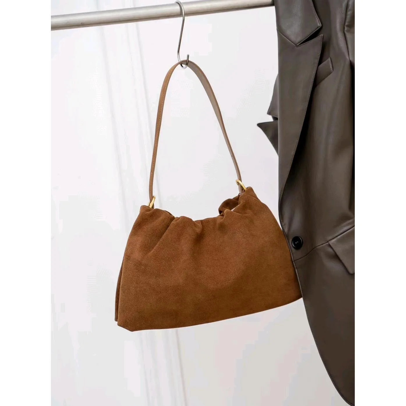 Ruched Korean Kakhi Coffee Designer Armpit Shoulder Bag 2 Straps Real Matte Suede Cow Leather Women Handbag 2025 Chamois Tote