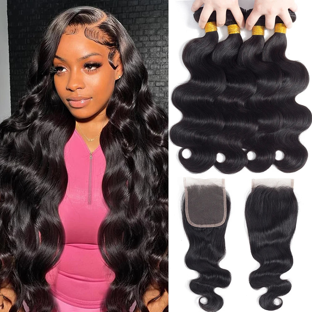 10A Brazilian Bundles with Closure Body Wave Bundles Human Hair With 4x4 Lace Closure Brown Blonde Colored 3/4 Bundles Hair Remy