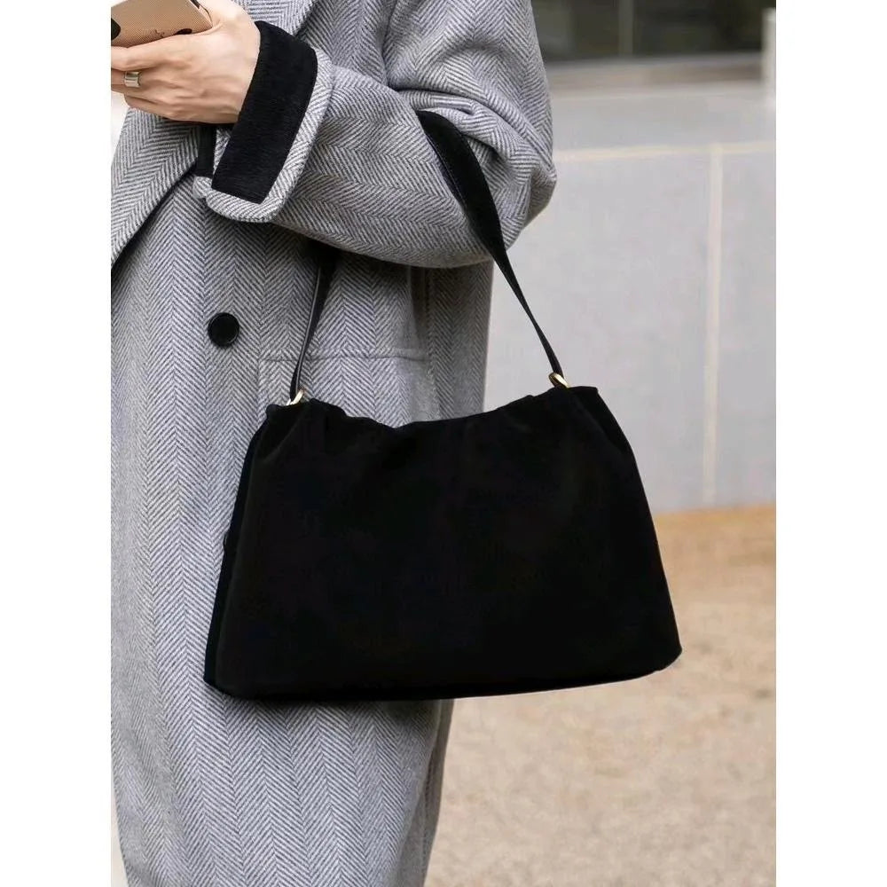 Ruched Korean Kakhi Coffee Designer Armpit Shoulder Bag 2 Straps Real Matte Suede Cow Leather Women Handbag 2025 Chamois Tote