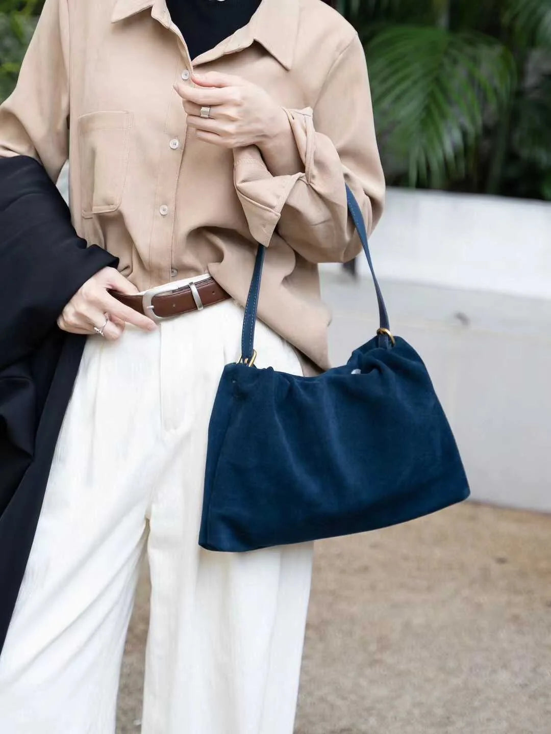 Ruched Korean Kakhi Coffee Designer Armpit Shoulder Bag 2 Straps Real Matte Suede Cow Leather Women Handbag 2025 Chamois Tote