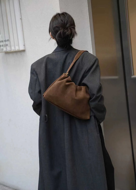 Ruched Korean Kakhi Coffee Designer Armpit Shoulder Bag 2 Straps Real Matte Suede Cow Leather Women Handbag 2025 Chamois Tote