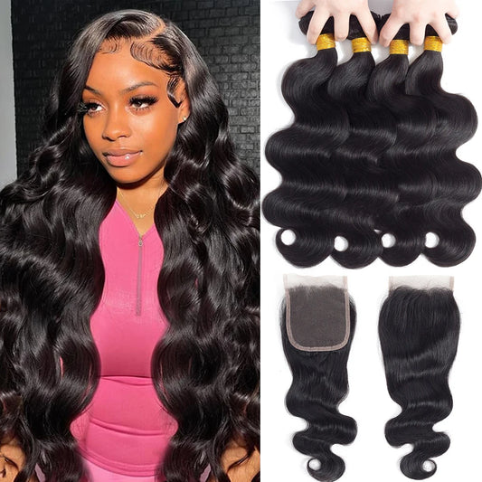 10A Brazilian Bundles with Closure Body Wave Bundles Human Hair With 4x4 Lace Closure Brown Blonde Colored 3/4 Bundles Hair Remy